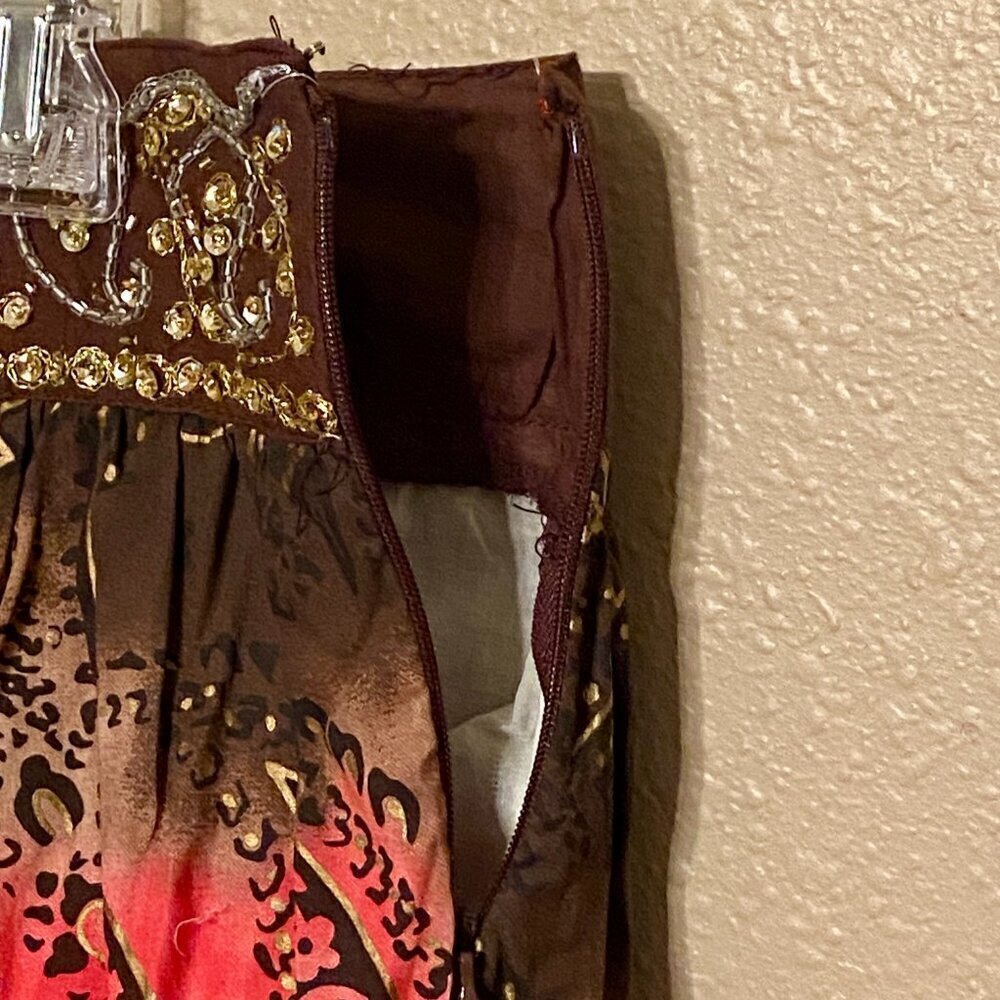 Metro7 Seven Brown Pink Paisley Sequin Beaded Midi Gypsy Skirt Missy Size 12 - Picture 12 of 13